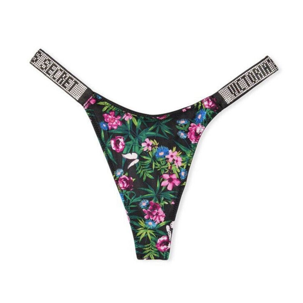 Victoria's Secret Very Sexy Shine‎ Rhinestone Thong Black Floral Colorful Sz M